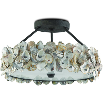Oyster Semi-Flush by Currey and Company in textured bronze, natural, frosted glass. Made from wrought iron, oyster shell, glass in a coastal style.