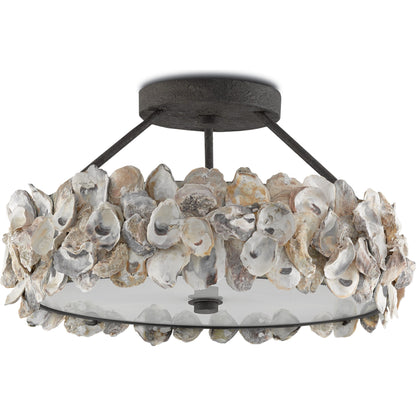 Oyster Semi-Flush by Currey and Company in textured bronze, natural, frosted glass. Made from wrought iron, oyster shell, glass in a coastal style.