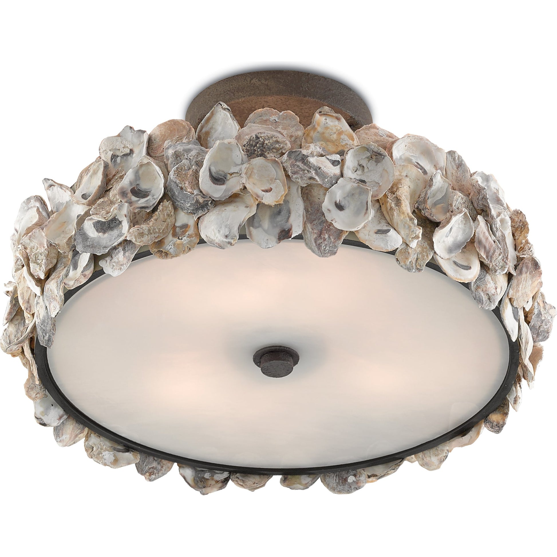 Oyster Semi-Flush by Currey and Company in textured bronze, natural, frosted glass. Made from wrought iron, oyster shell, glass in a coastal style.