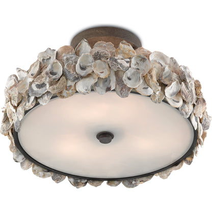 Oyster Semi-Flush by Currey and Company in textured bronze, natural, frosted glass. Made from wrought iron, oyster shell, glass in a coastal style.