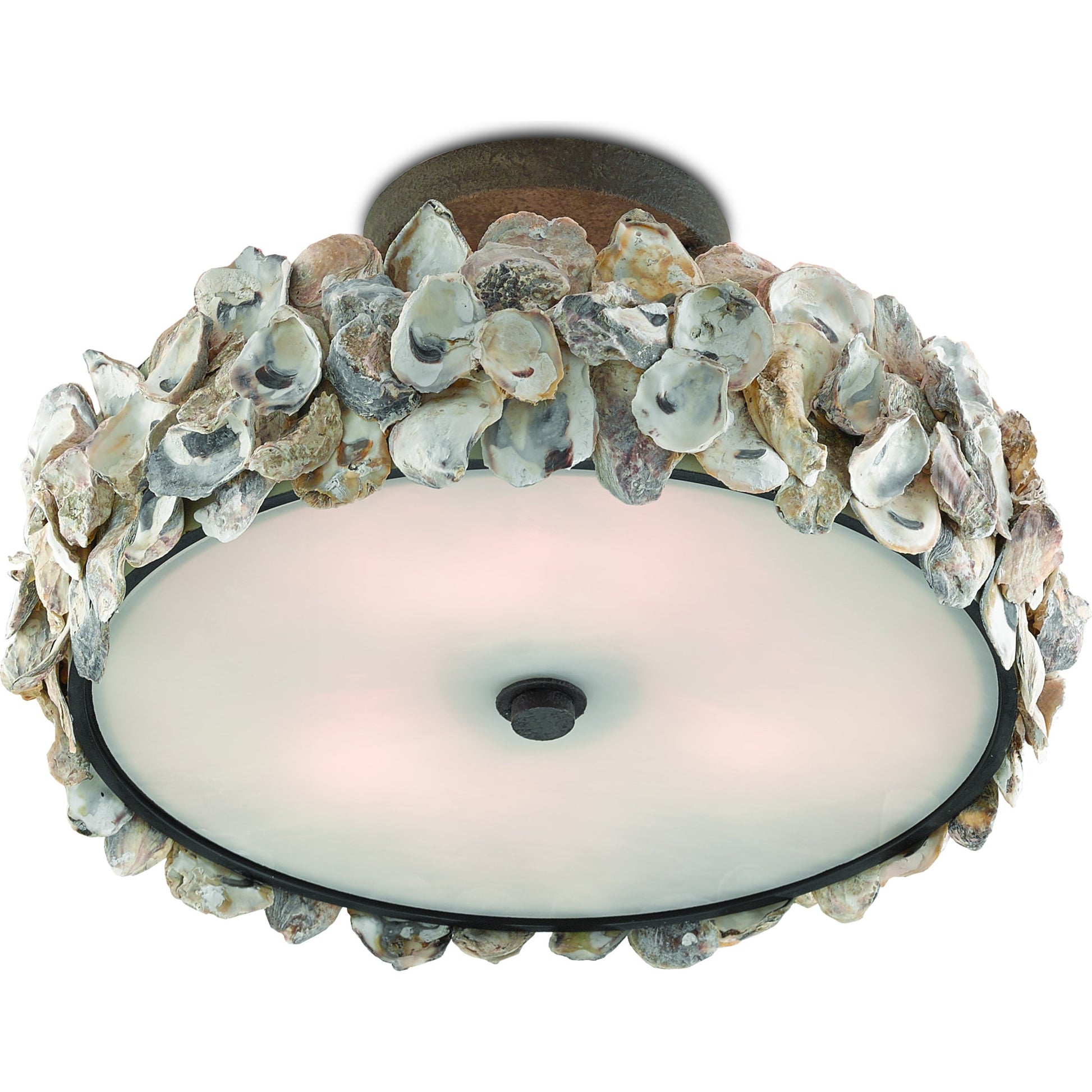 Oyster Semi-Flush by Currey and Company in textured bronze, natural, frosted glass. Made from wrought iron, oyster shell, glass in a coastal style.