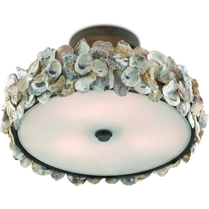 Oyster Semi-Flush by Currey and Company in textured bronze, natural, frosted glass. Made from wrought iron, oyster shell, glass in a coastal style.