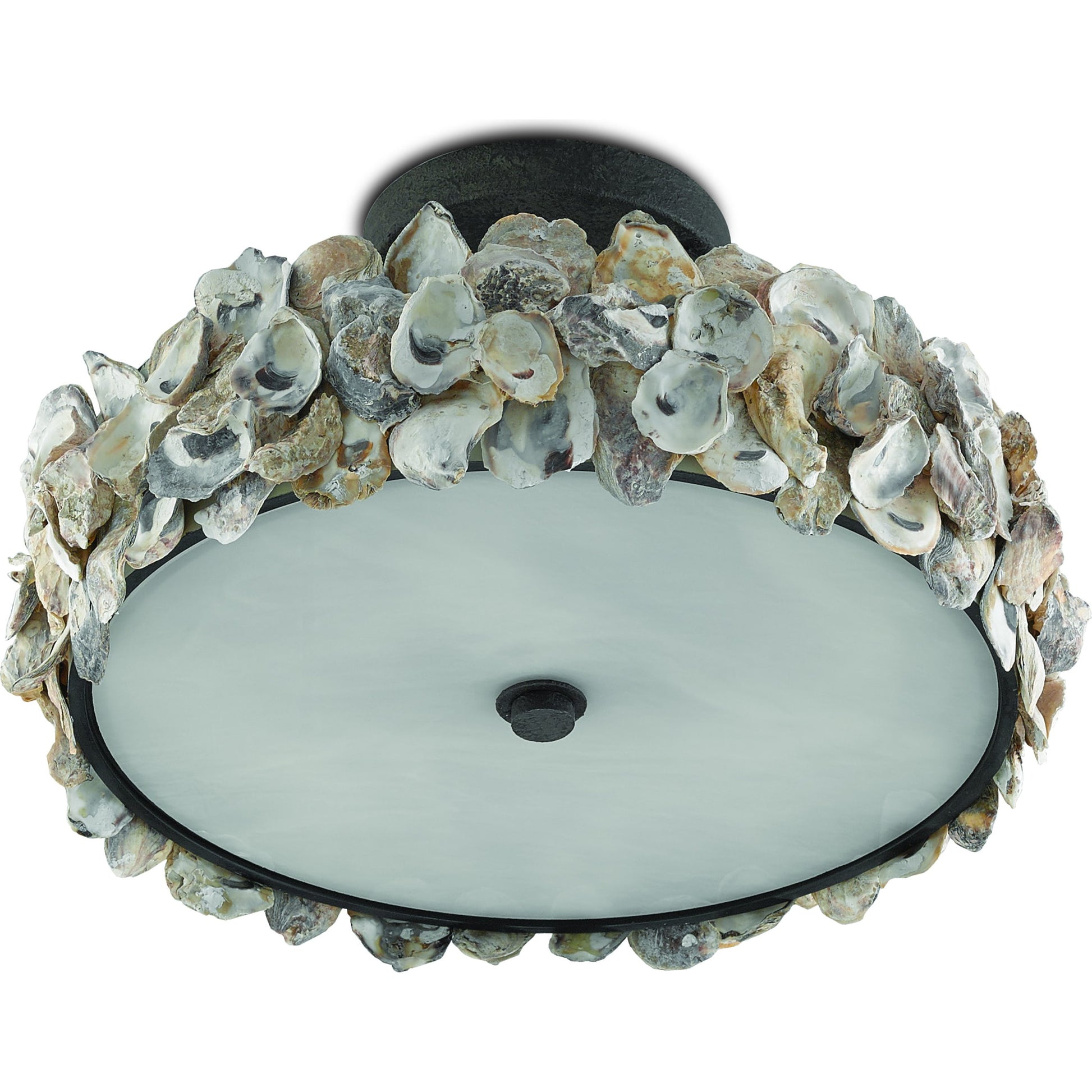 Oyster Semi-Flush by Currey and Company in textured bronze, natural, frosted glass. Made from wrought iron, oyster shell, glass in a coastal style.