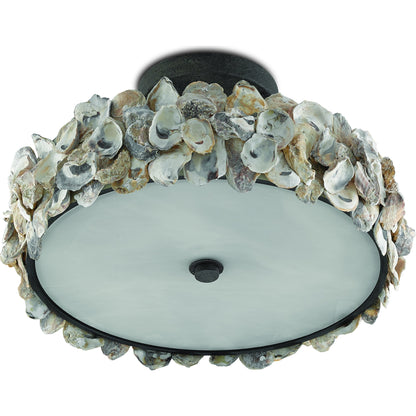 Oyster Semi-Flush by Currey and Company in textured bronze, natural, frosted glass. Made from wrought iron, oyster shell, glass in a coastal style.