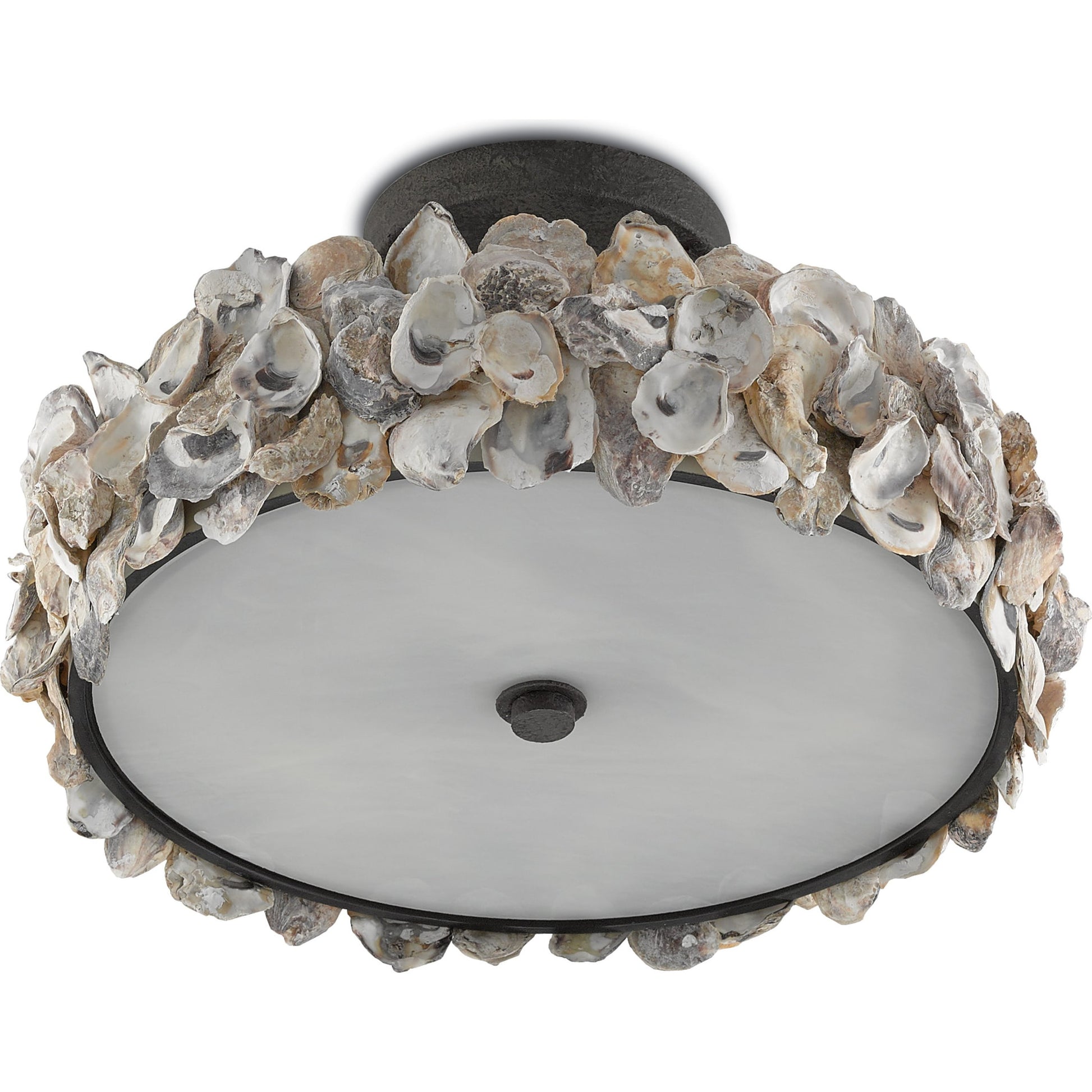 Oyster Semi-Flush by Currey and Company in textured bronze, natural, frosted glass. Made from wrought iron, oyster shell, glass in a coastal style.