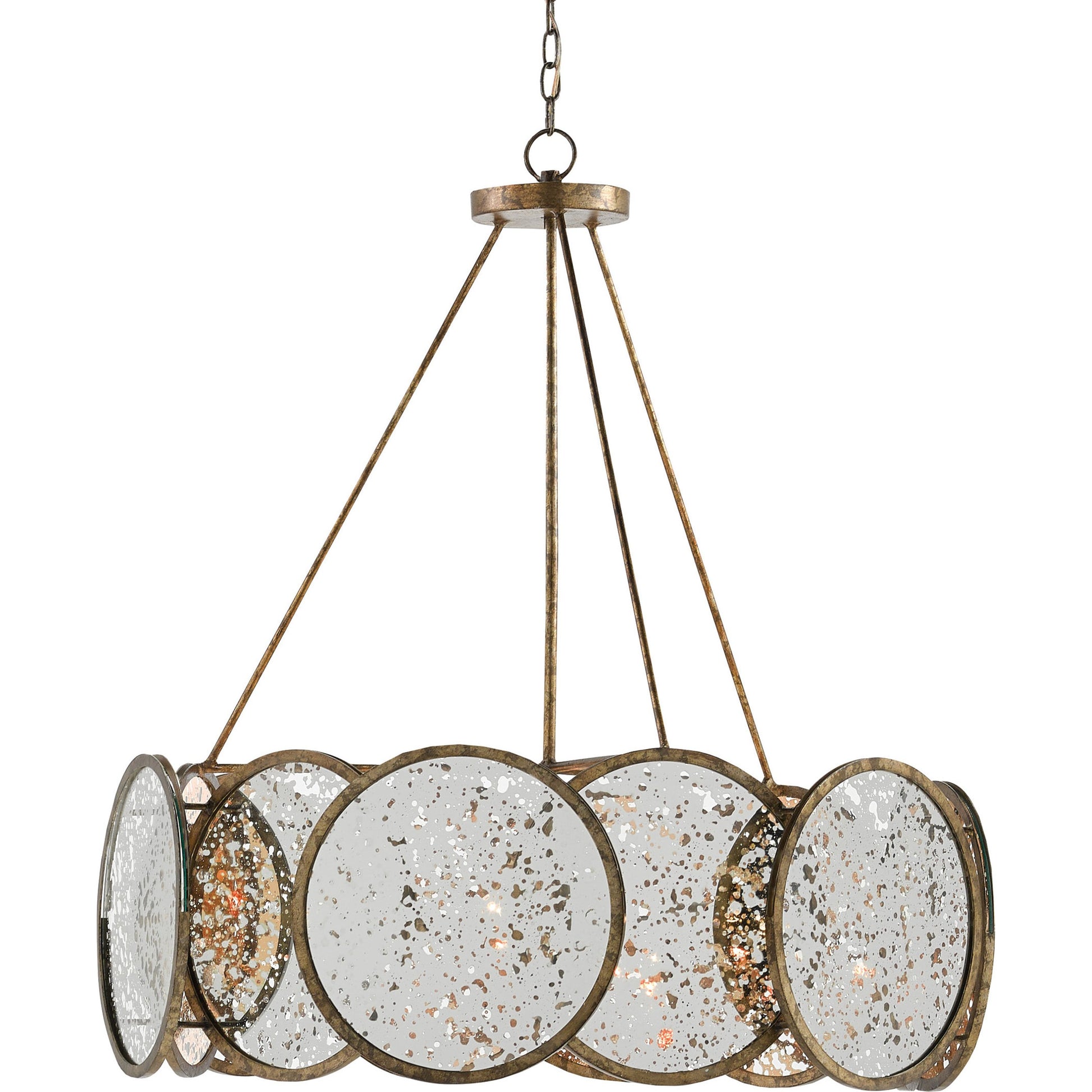 Oliveri Chandelier by Currey and Company in pyrite bronze, raj mirror. Made from wrought iron, glass in a modern style.