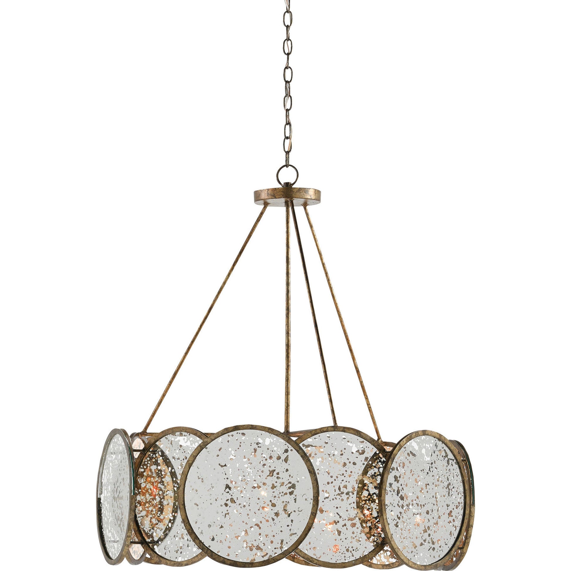 Oliveri Chandelier by Currey and Company in pyrite bronze, raj mirror. Made from wrought iron, glass in a modern style.
