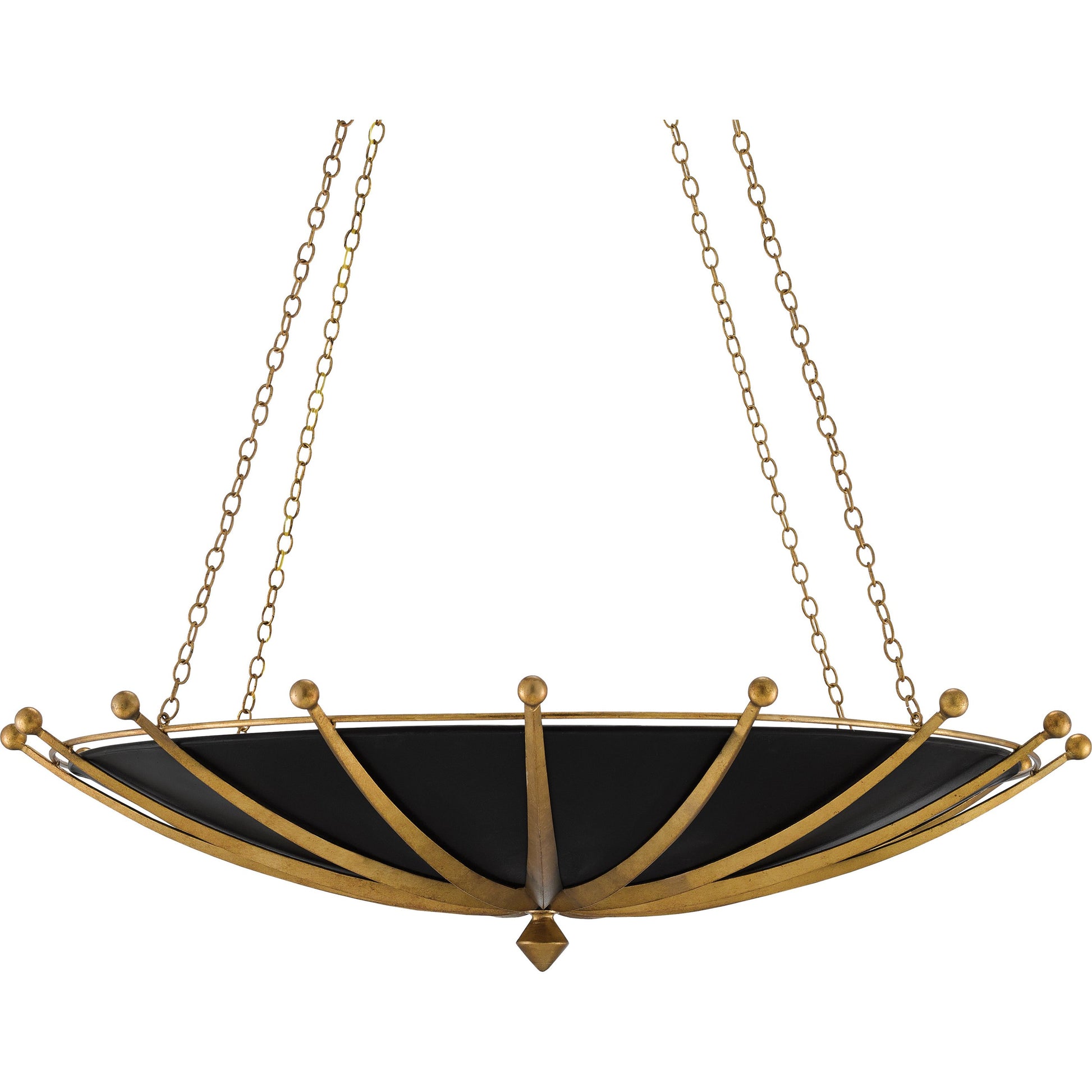 Fontaine Chandelier by Currey and Company in antique gold leaf, contemporary gold leaf, satin black. Made from wrought iron in a transitional style.