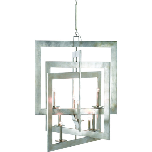 Middleton Grand Chandelier by Currey and Company in contemporary silver leaf. Made from wrought iron in a transitional style.
