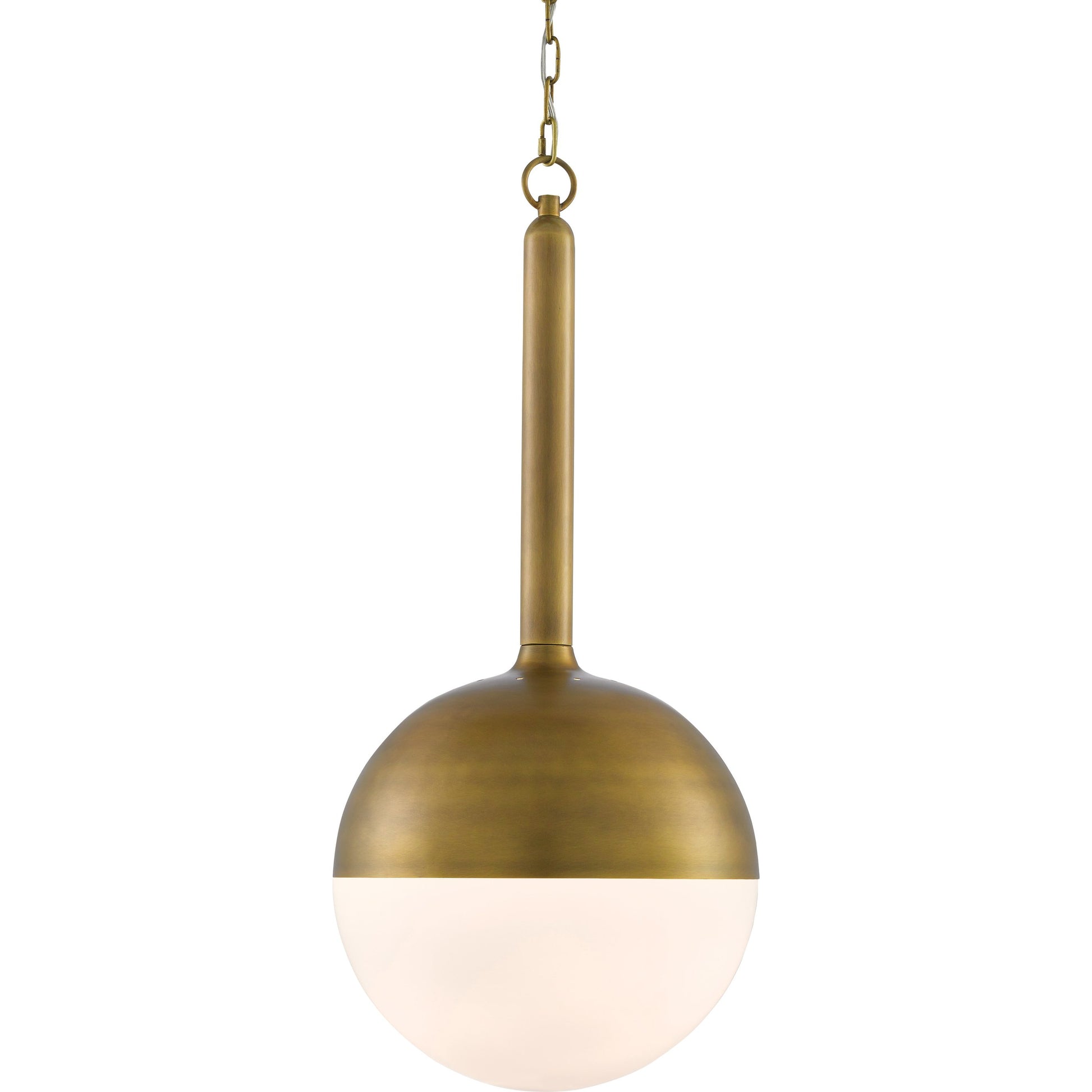 Moonward Pendant by Currey and Company in antique brass, opaque white. Made from metal, glass in a modern style.