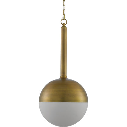 Moonward Pendant by Currey and Company in antique brass, opaque white. Made from metal, glass in a modern style.