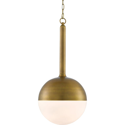 Moonward Pendant by Currey and Company in antique brass, opaque white. Made from metal, glass in a modern style.