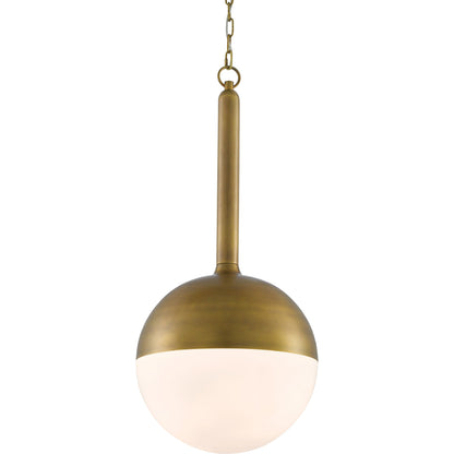 Moonward Pendant by Currey and Company in antique brass, opaque white. Made from metal, glass in a modern style.