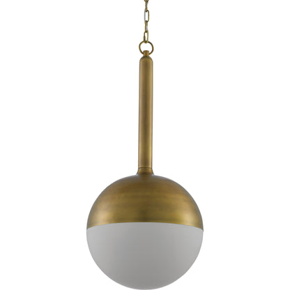 Moonward Pendant by Currey and Company in antique brass, opaque white. Made from metal, glass in a modern style.