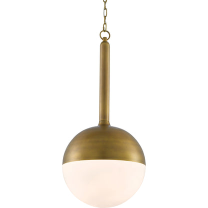 Moonward Pendant by Currey and Company in antique brass, opaque white. Made from metal, glass in a modern style.