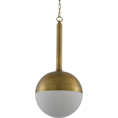 Moonward Pendant by Currey and Company in antique brass, opaque white. Made from metal, glass in a modern style.