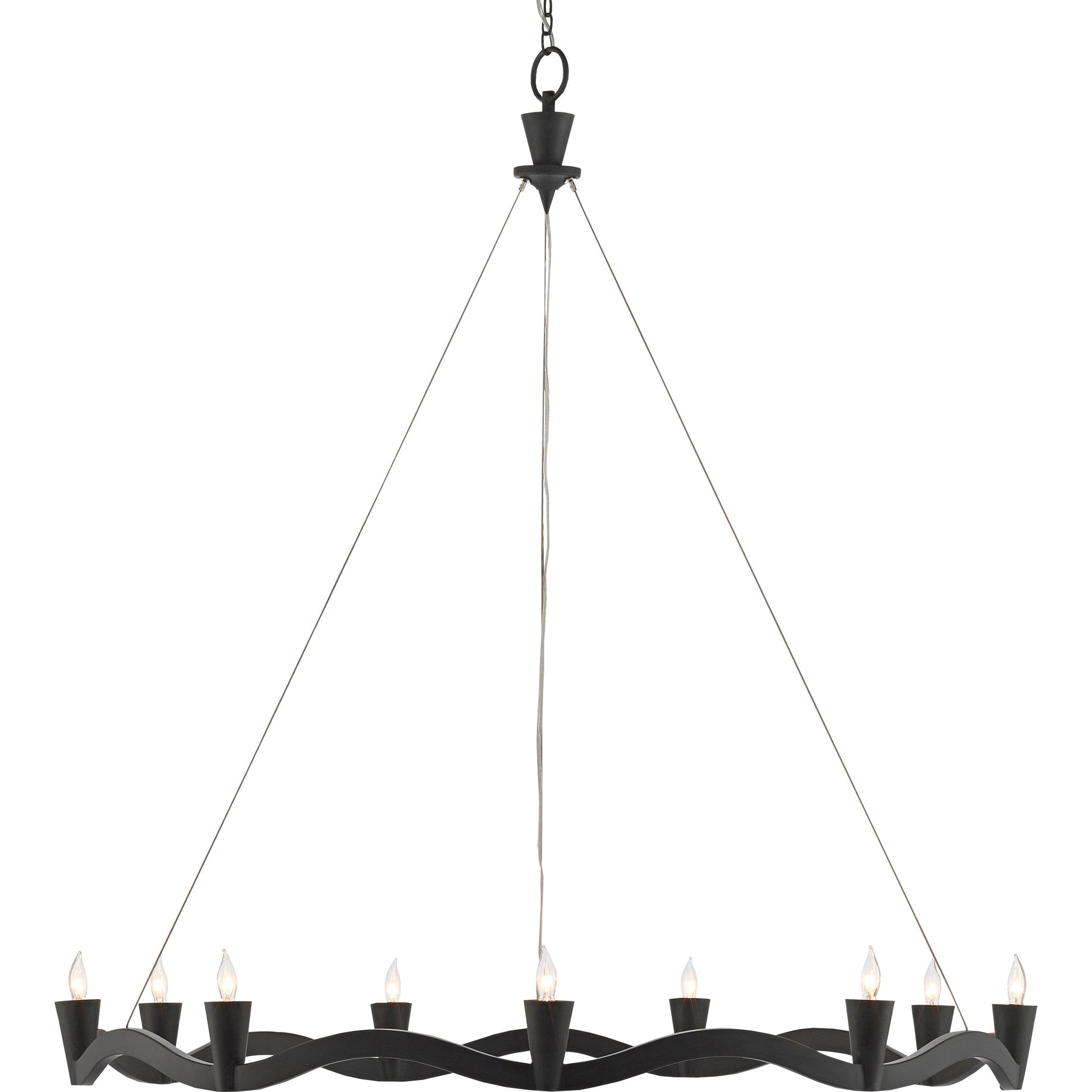 Serpentina Chandelier by Currey and Company in antique black. Made from wrought iron, air craft cable in a modern style.