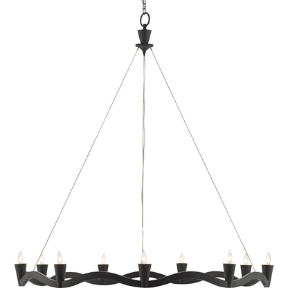 Serpentina Chandelier by Currey and Company in antique black. Made from wrought iron, air craft cable in a modern style.