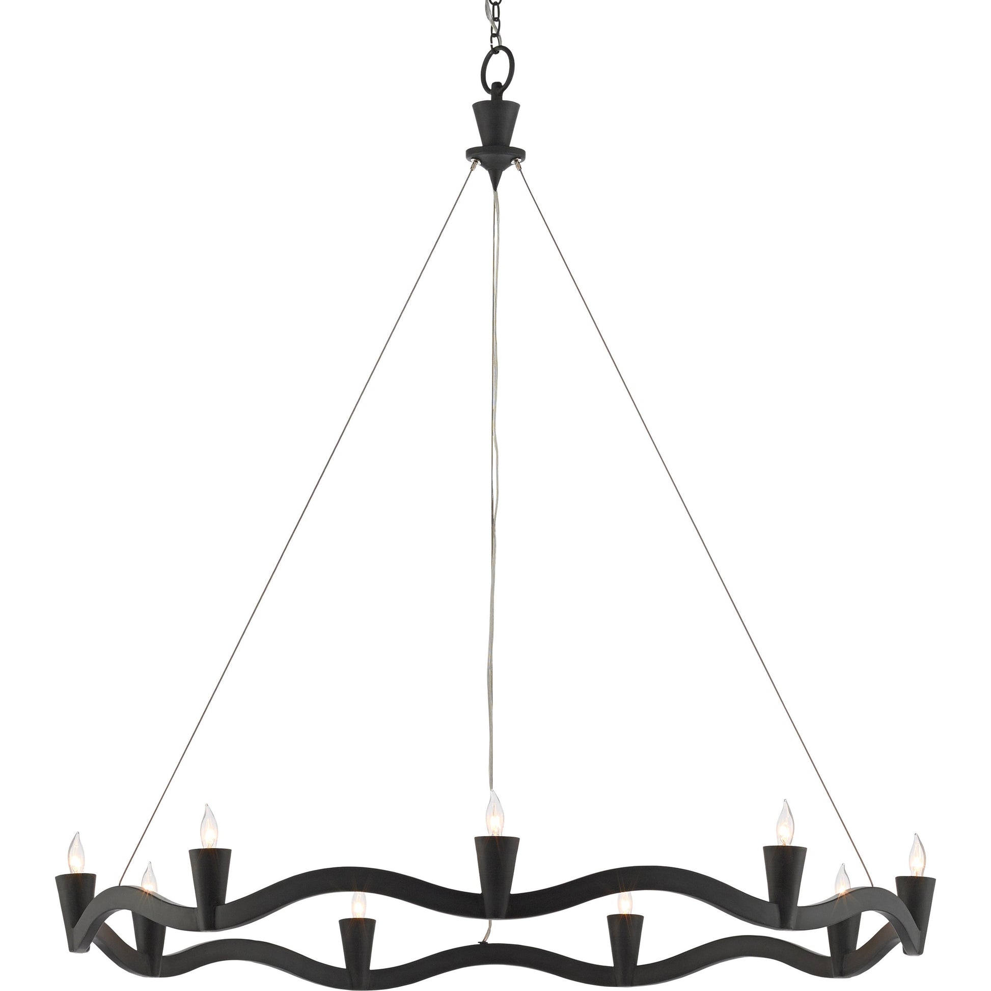Serpentina Chandelier by Currey and Company in antique black. Made from wrought iron, air craft cable in a modern style.