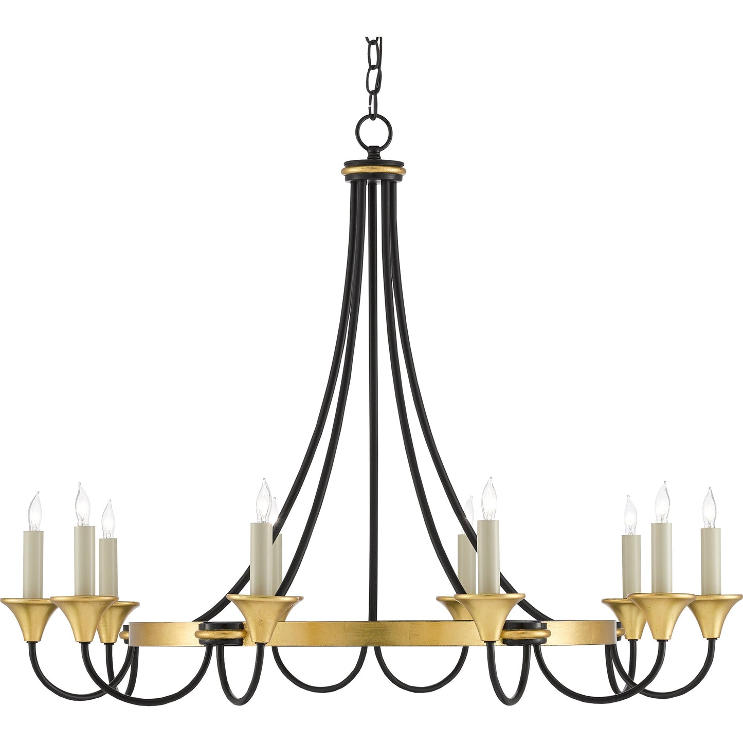 000 SR-381161 | Additional Silo | Hanlon Chandelier by Currey and Company in washed black, contemporary gold leaf. Made from metal in a transitional style.