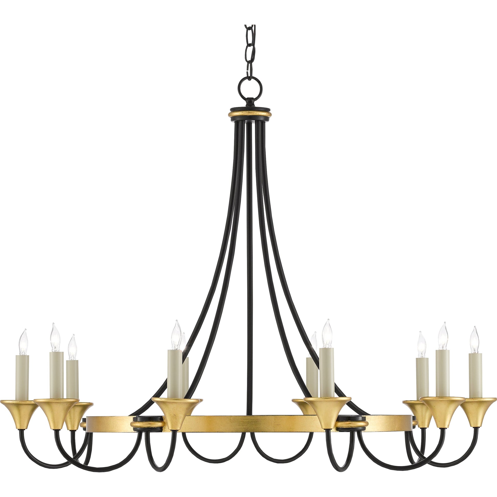 Hanlon Chandelier by Currey and Company in washed black, contemporary gold leaf. Made from metal in a transitional style.