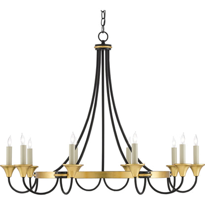 Hanlon Chandelier by Currey and Company in washed black, contemporary gold leaf. Made from metal in a transitional style.