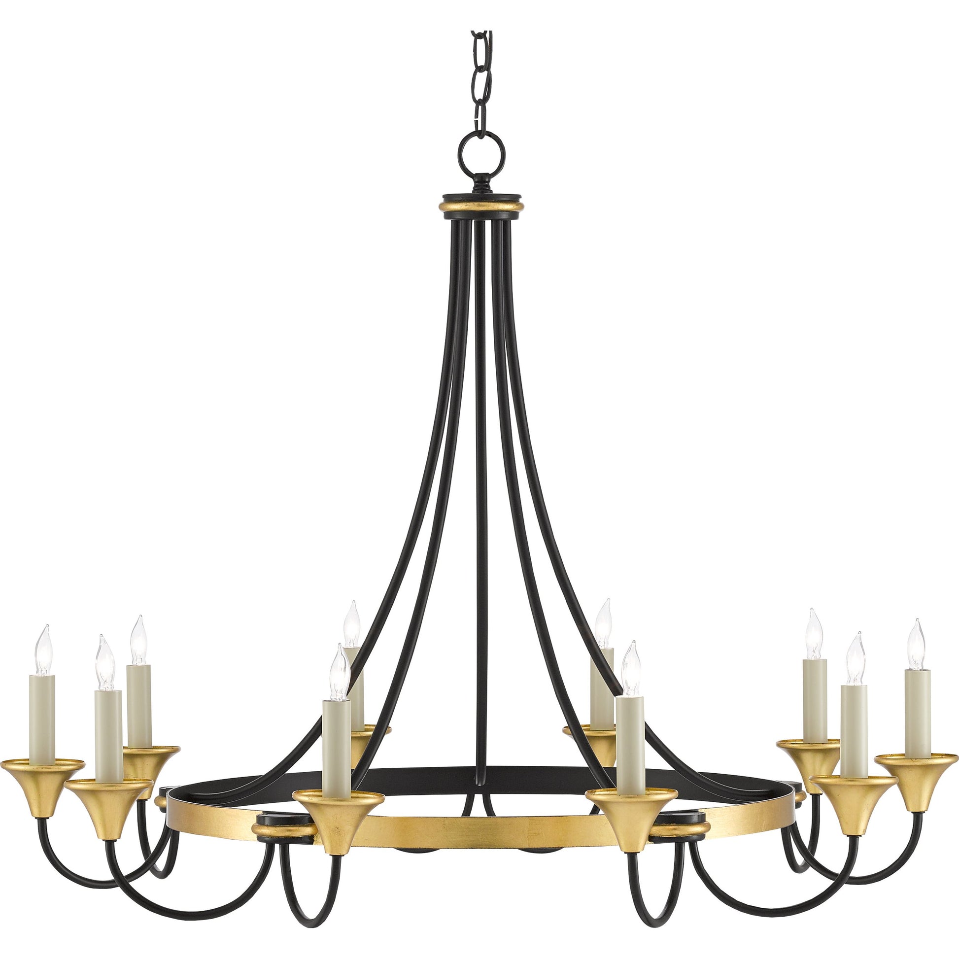 Hanlon Chandelier by Currey and Company in washed black, contemporary gold leaf. Made from metal in a transitional style.