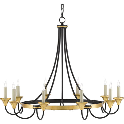 Hanlon Chandelier by Currey and Company in washed black, contemporary gold leaf. Made from metal in a transitional style.