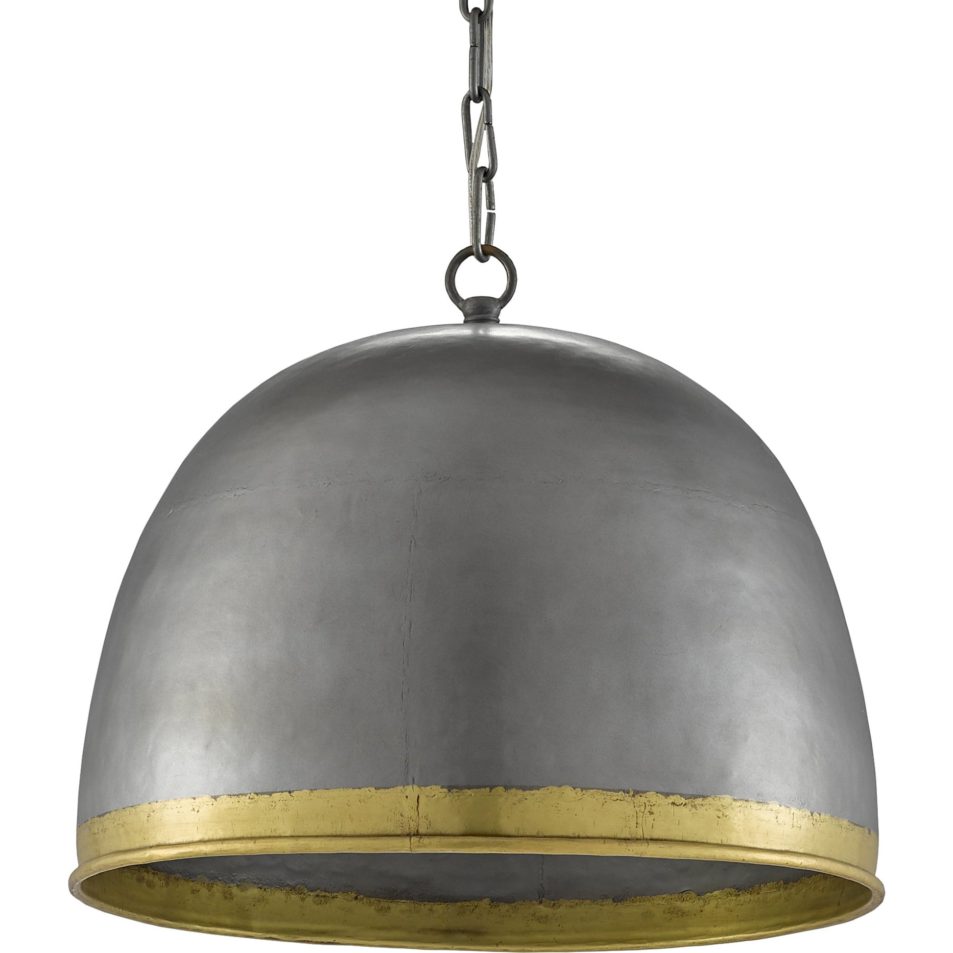 Matute Pendant by Currey and Company in pewter, polished brass. Made from iron, brass in a modern style.