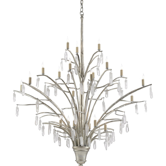 Raux Chandelier by Currey and Company in contemporary silver leaf, natural. Made from wrought iron, crystal in a transitional style.