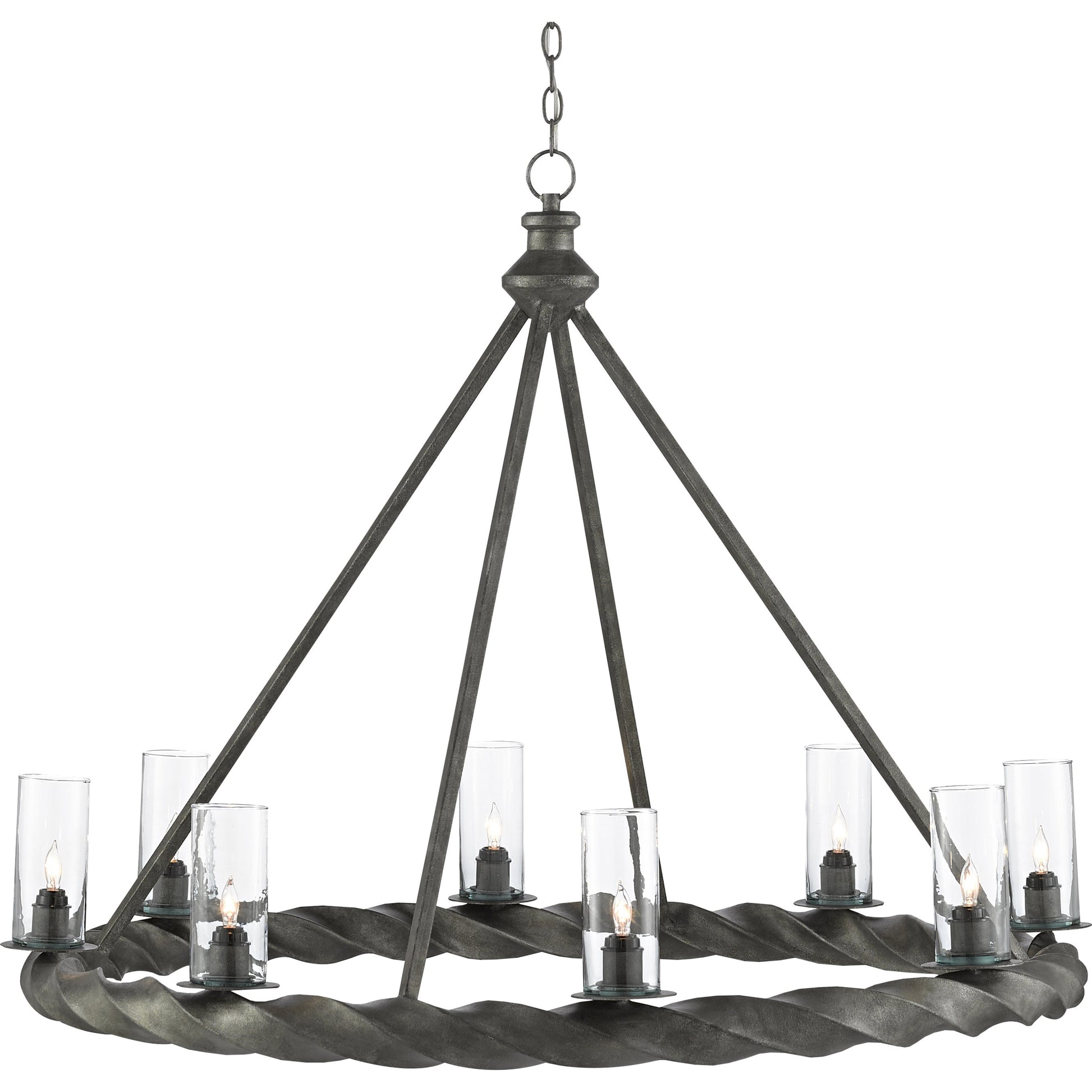 Orson Chandelier by Currey and Company in light mole. Made from wrought iron, glass in a modern style.