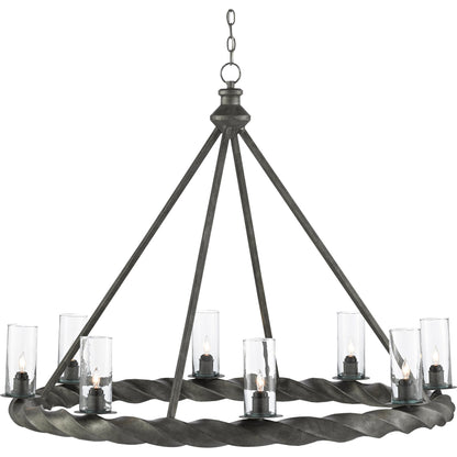 Orson Chandelier by Currey and Company in light mole. Made from wrought iron, glass in a modern style.