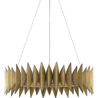 Potter Chandelier by Currey and Company in aurora antique. Made from wrought iron in a modern style.