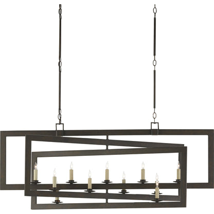 Middleton Rectangular Chandelier by Currey and Company. Made from wrought iron in a modern style.