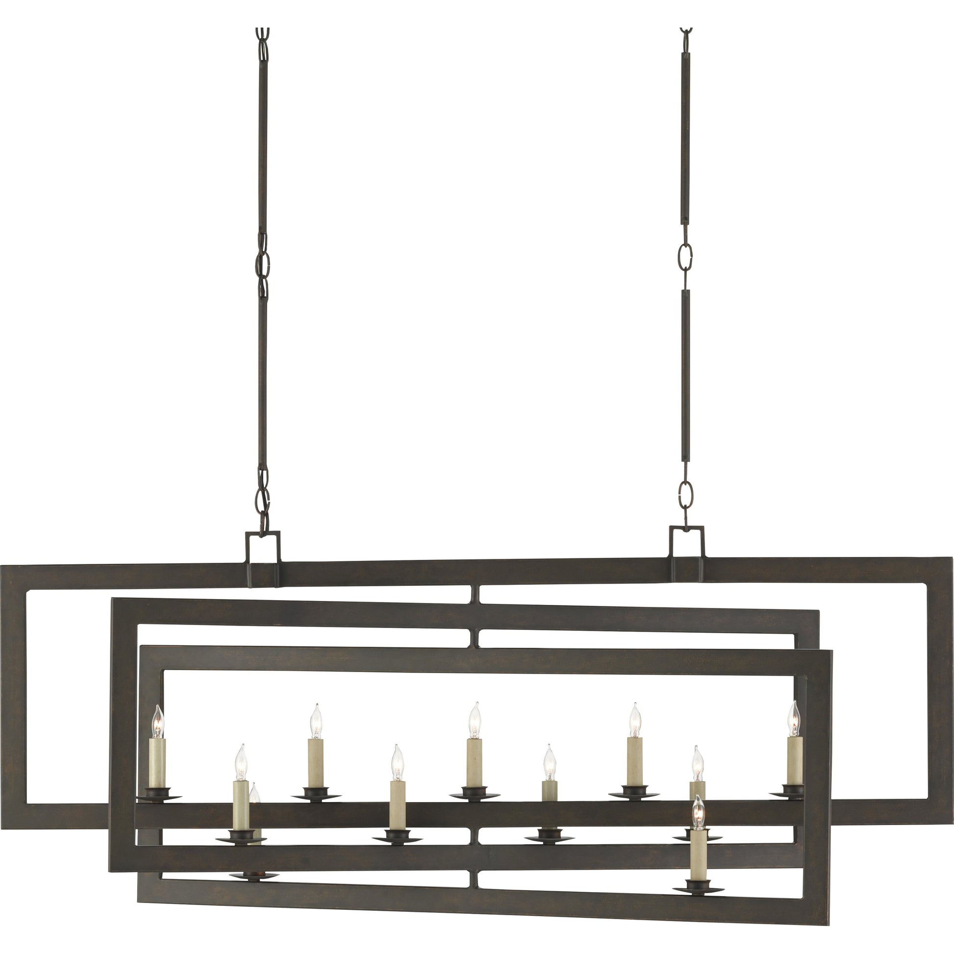 Middleton Rectangular Chandelier by Currey and Company. Made from wrought iron in a modern style.