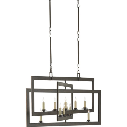 Middleton Rectangular Chandelier by Currey and Company. Made from wrought iron in a modern style.