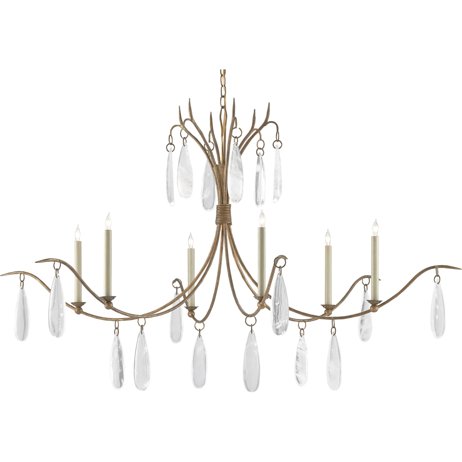 Marshallia Chandelier by Currey and Company in rustic gold, faux rock crystal. Made from wrought iron, glass in a transitional style.