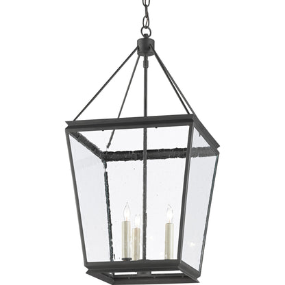 Ellerman Lantern by Currey and Company in old iron. Made from wrought iron, seeded glass in a transitional style.