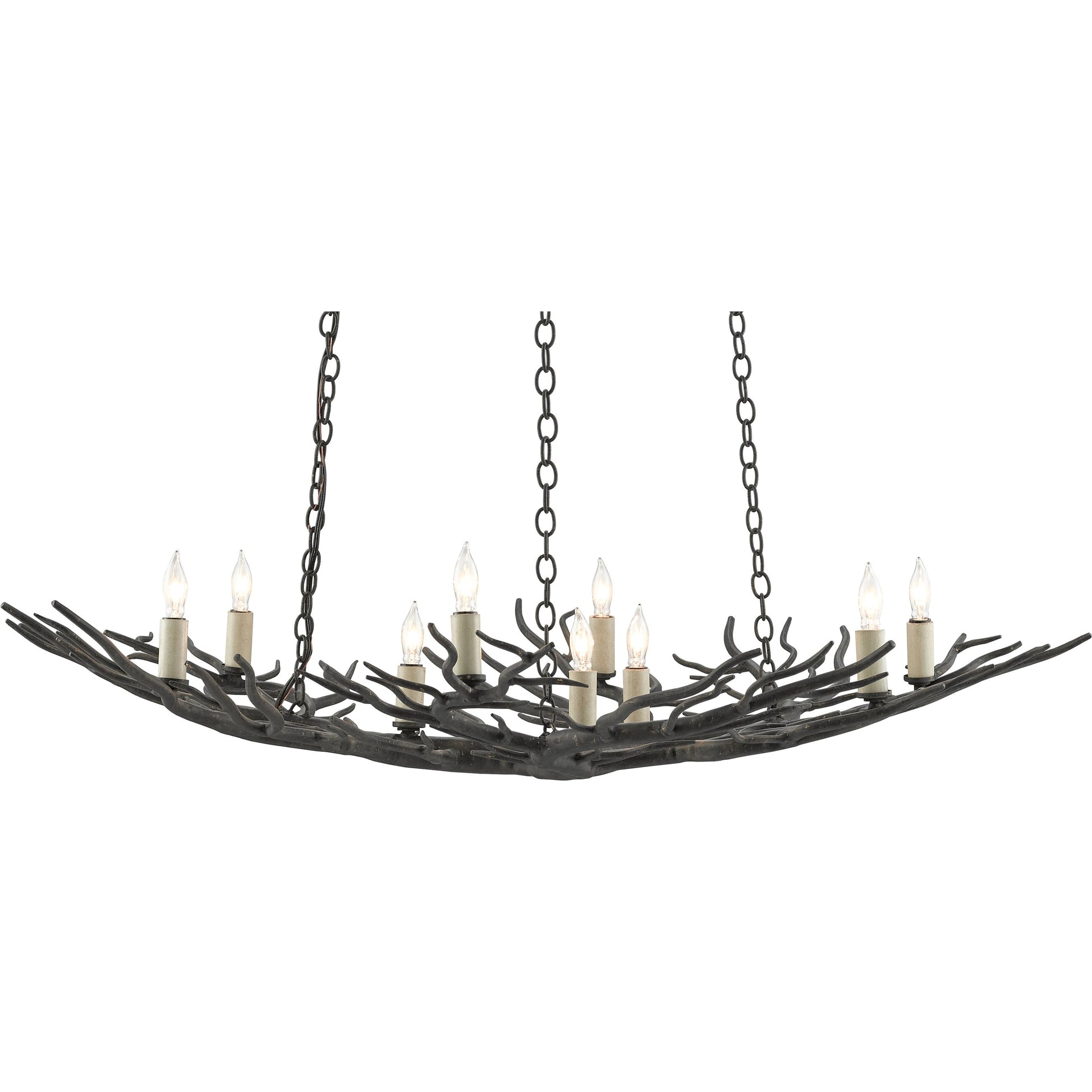 Rainforest Chandelier by Currey and Company in rustic bronze. Made from unique in a rustic style.