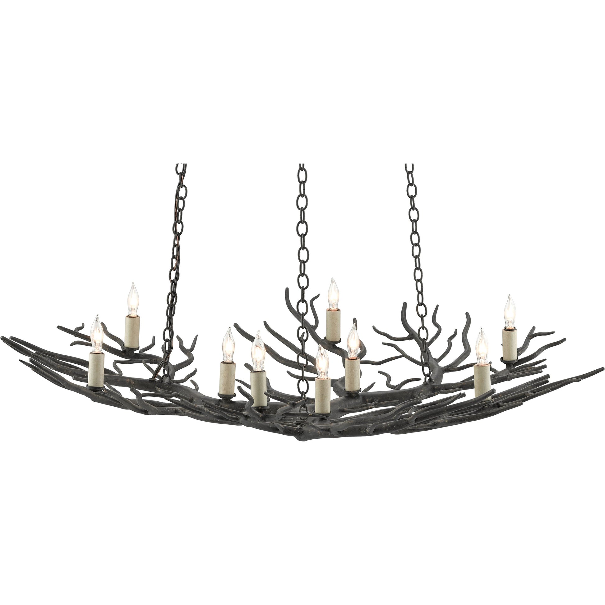 Rainforest Chandelier by Currey and Company in rustic bronze. Made from unique in a rustic style.