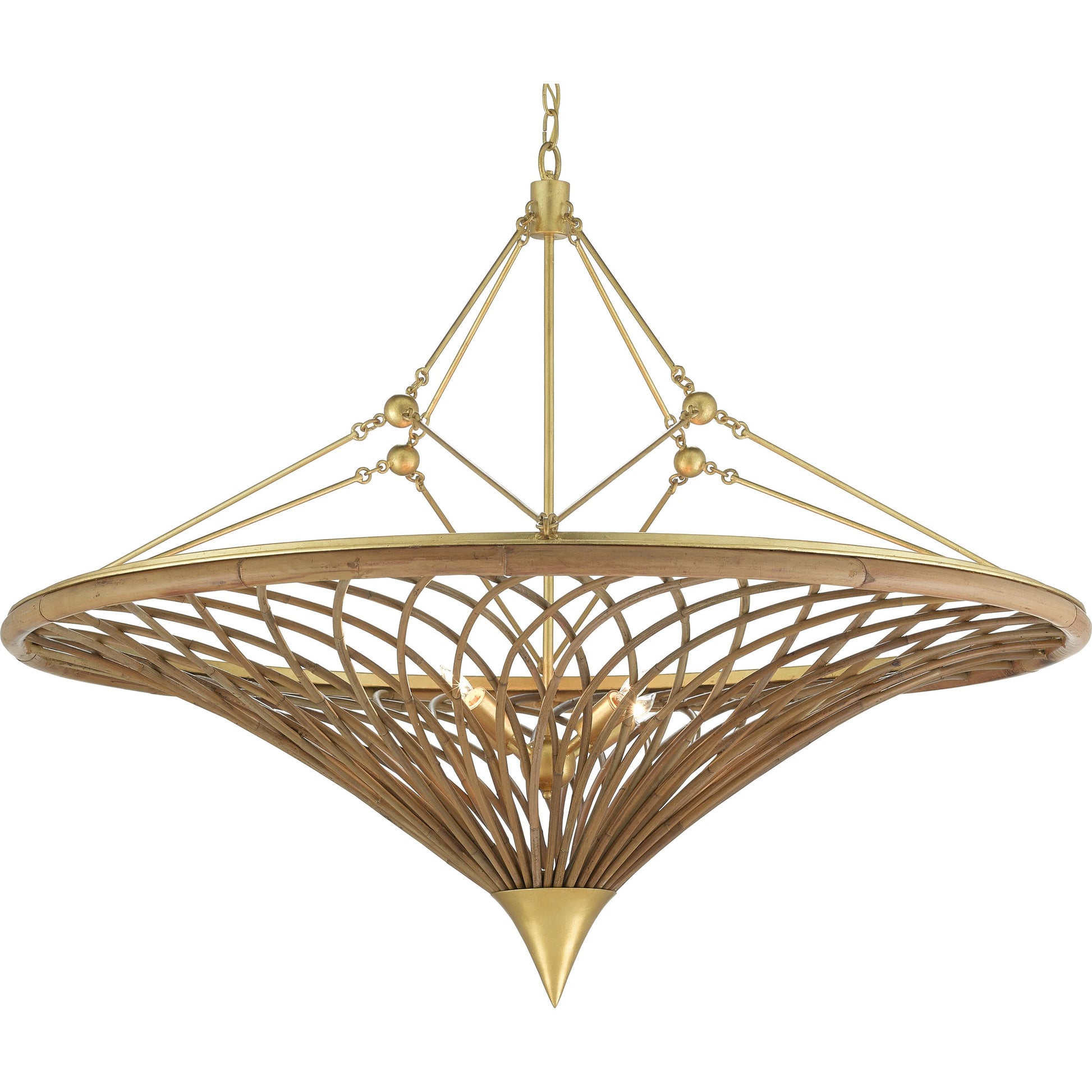 Gaborone Chandelier by Currey and Company in natural, contemporary gold leaf. Made from rattan, wrought iron in a modern style.