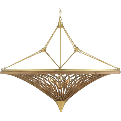 Gaborone Chandelier by Currey and Company in natural, contemporary gold leaf. Made from rattan, wrought iron in a modern style.