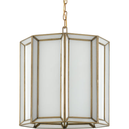 Daze Pendant by Currey and Company in antique brass, white. Made from brass, iron, milk glass in a modern style.