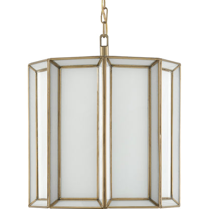 Daze Pendant by Currey and Company in antique brass, white. Made from brass, iron, milk glass in a modern style.