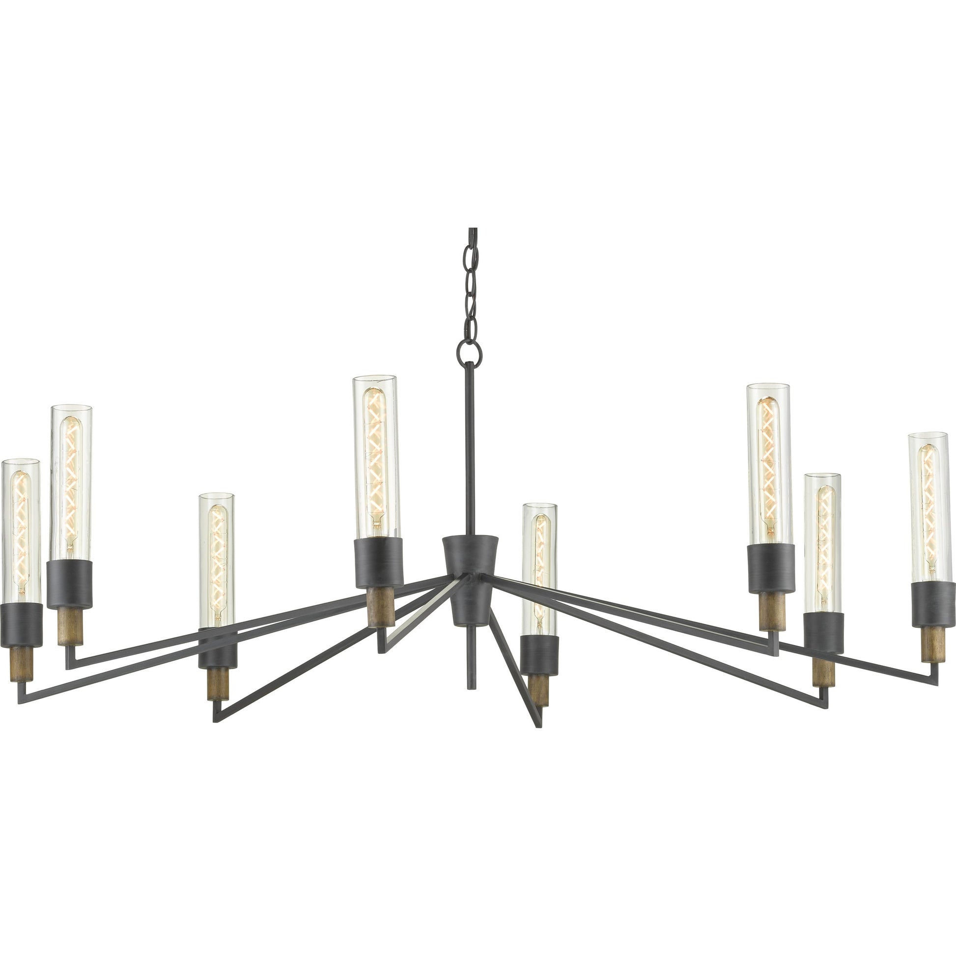 Delgado Chandelier by Currey and Company in antique black, reclaimed wood. Made from wrought iron, wood, recycled glass in a modern style.