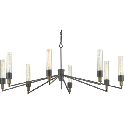 Delgado Chandelier by Currey and Company in antique black, reclaimed wood. Made from wrought iron, wood, recycled glass in a modern style.