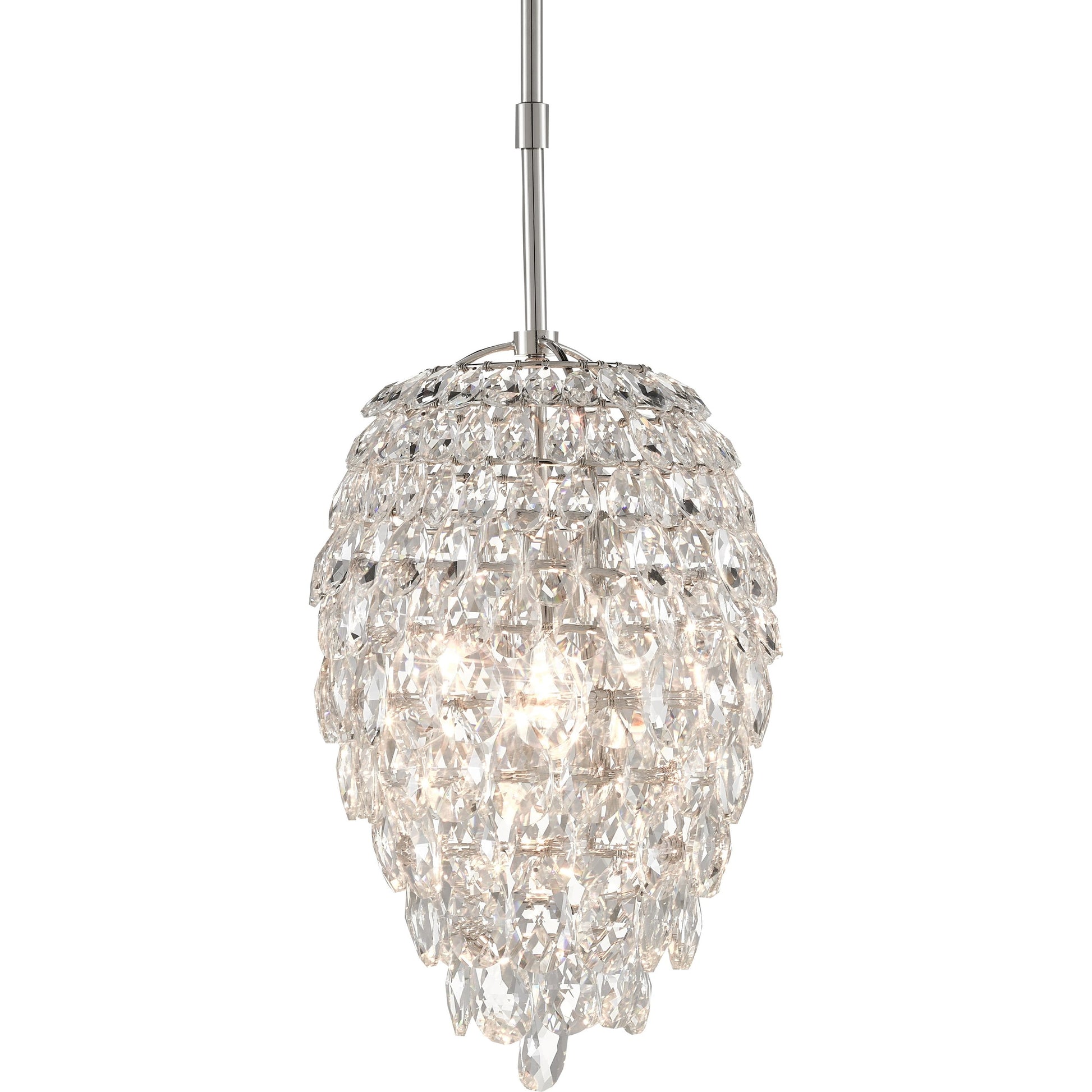 Aisling Pendant by Currey and Company in polished nickel. Made from optical crystal, metal in a transitional style.