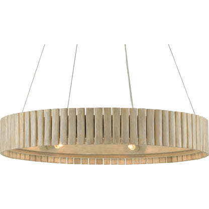Tetterby Chandelier by Currey and Company in light taupe, smokewood. Made from wrought iron, bamboo in a coastal style.