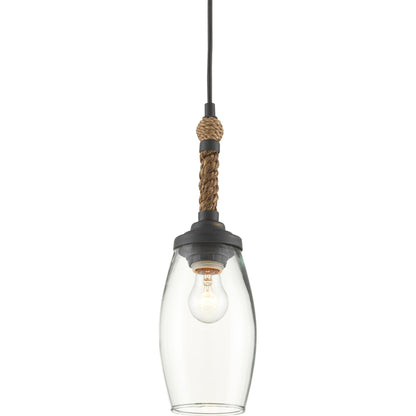 Hightider Pendant by Currey and Company in french black, natural rope. Made from wrought iron, abaca rope, recycled glass in a modern style.