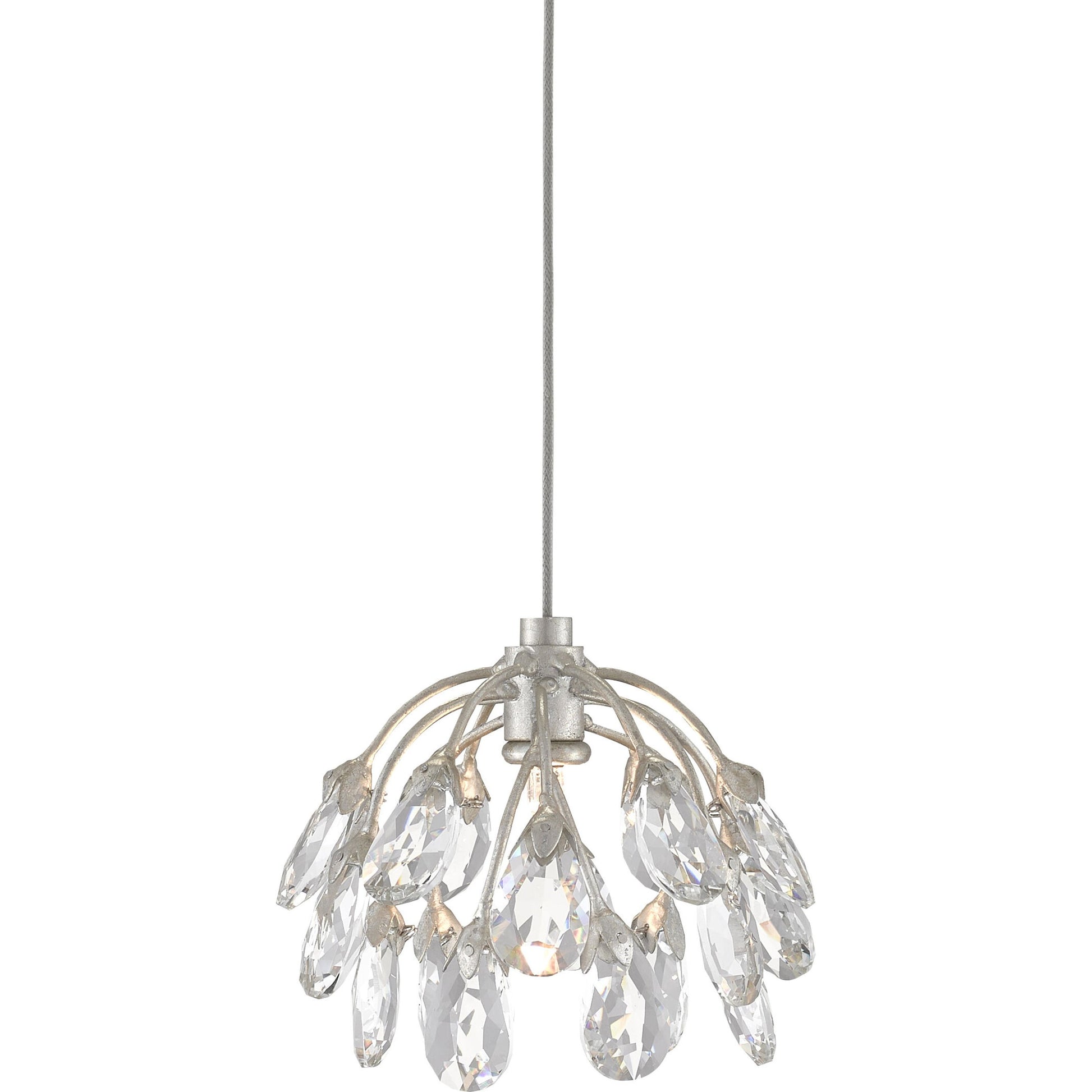 Crystal Bud Pendant by Currey and Company in painted silver, contemporary silver leaf. Made from crystal, wrought iron in a transitional style.